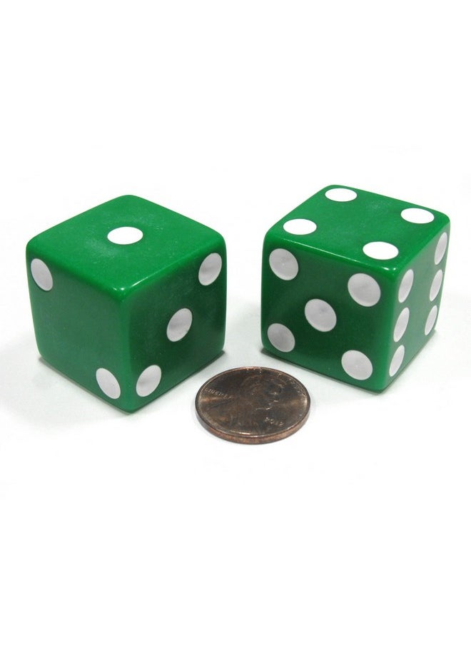 Set Of 2 D6 25Mm Large Opaque Jumbo Dice - Green With White Pips