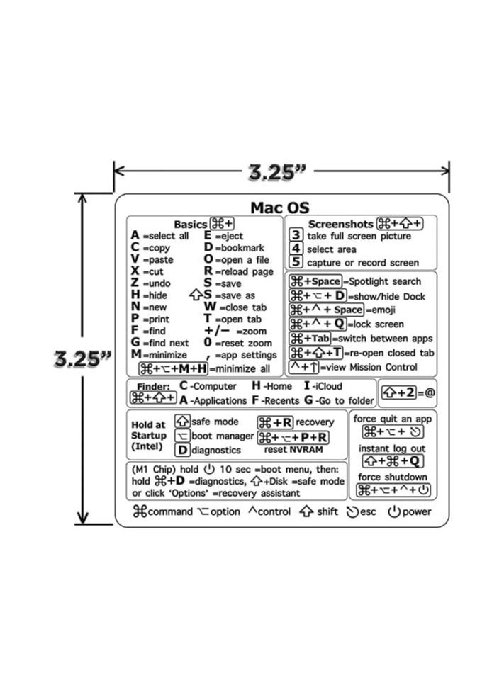 Mac Shortcut Sticker, Mac OS Keyboard Shortcuts Sticker (Ventura/Monterey/Big Sur/Catalina/Mojave) Shortcuts,M1/M2/Intel No-Residue Sticker,Compatible with 13-16-inch MacBook Air and Pro