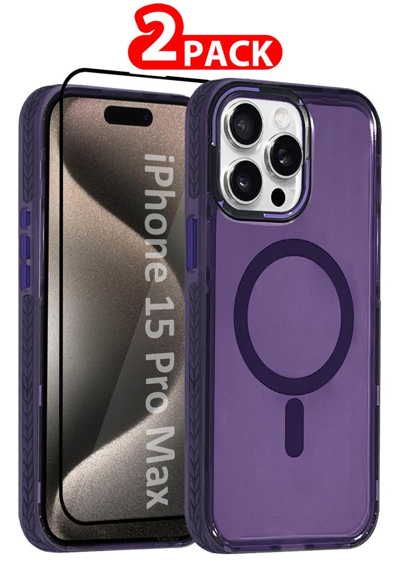 (for iPhone 15 Pro Max) 2Packs Hard PC Magsafe Case Cover Polycarbonate Magnetic Strong Shockproof Protective Case Cover Transparent - Purple-2