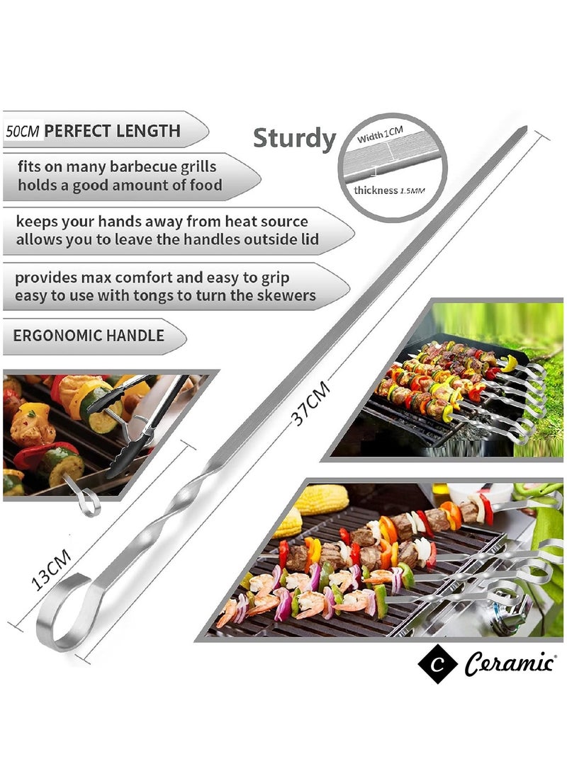 Barbecue Skewers 50Cm Stainless Steel Flat Metal Bbq Kabob Skewer Reusable Grilling Sticks Set Shish Kebab Needles For Outdoor Camping Outings Cooking Tools With Bag 24Pcs