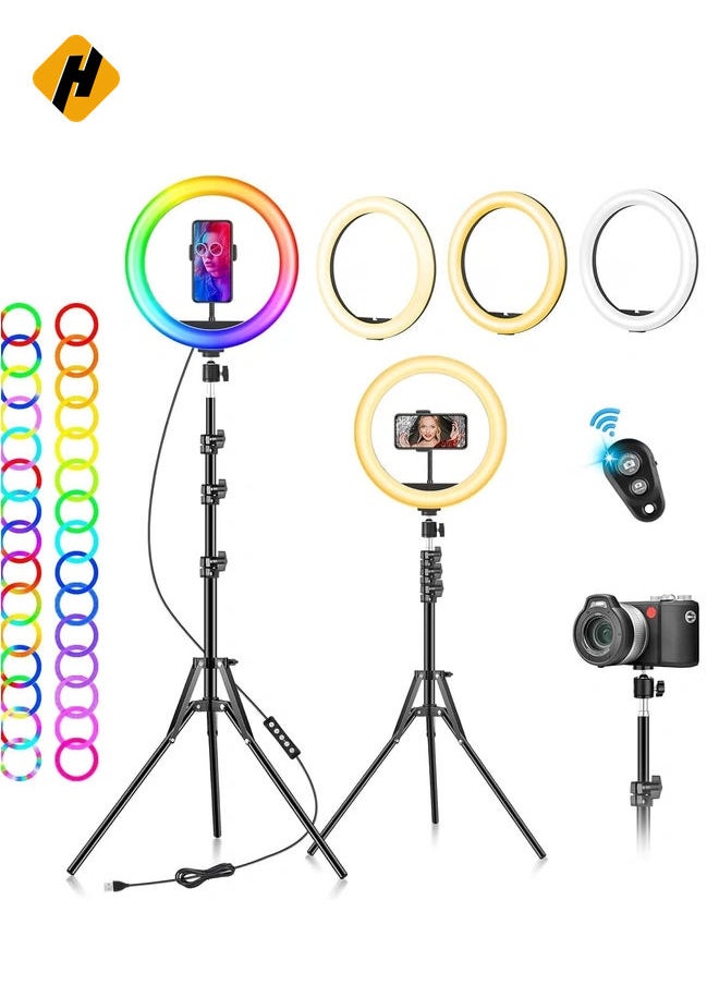 Ring Light with Tripod Stand & Phone Holder - 10 inch Selfie LED Ringlight Dimmable Desktop Lamp 40 Colors RGB Tall Circle Light for Camera Makeup Video YouTube TikTok Live Streamig