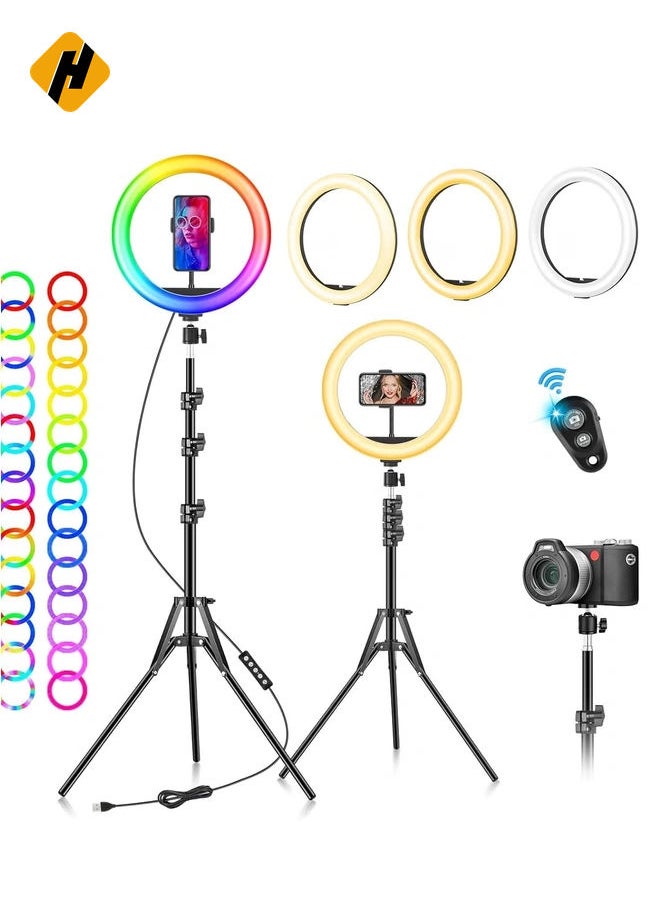 Ring Light with Tripod Stand & Phone Holder - 10 inch Selfie LED Ringlight Dimmable Desktop Lamp 40 Colors RGB Tall Circle Light for Camera Makeup Video YouTube TikTok Live Streamig