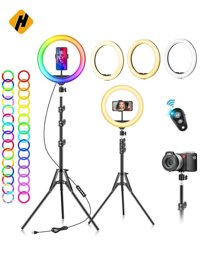 Ring Light with Tripod Stand & Phone Holder - 10 inch Selfie LED Ringlight Dimmable Desktop Lamp 40 Colors RGB Tall Circle Light for Camera Makeup Video YouTube TikTok Live Streamig