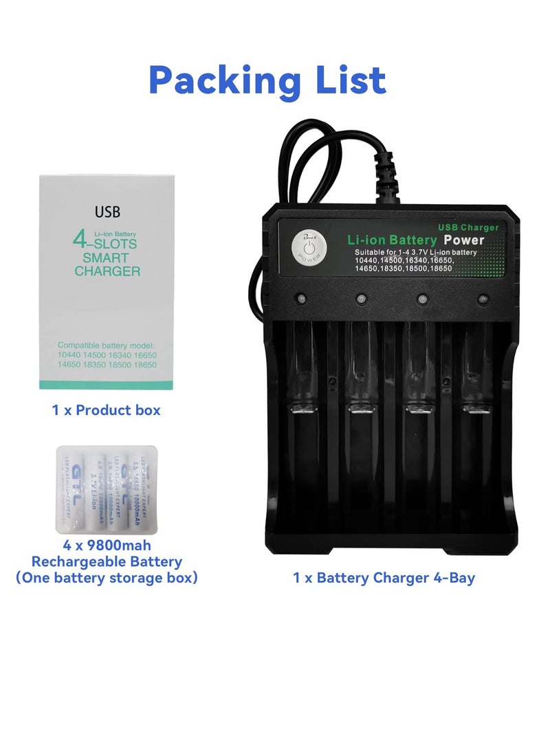 18650 Battery Charger with 4PCS 3.7V 9800mAh Rechargeable Batteries with 4 Slot USB USB Intelligent Universal Battery Charger Suitable for Li-ion 14500 16340 16650 14650 18350 18500 18650