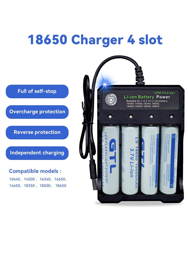 18650 Battery Charger with 4PCS 3.7V 9800mAh Rechargeable Batteries with 4 Slot USB USB Intelligent Universal Battery Charger Suitable for Li-ion 14500 16340 16650 14650 18350 18500 18650