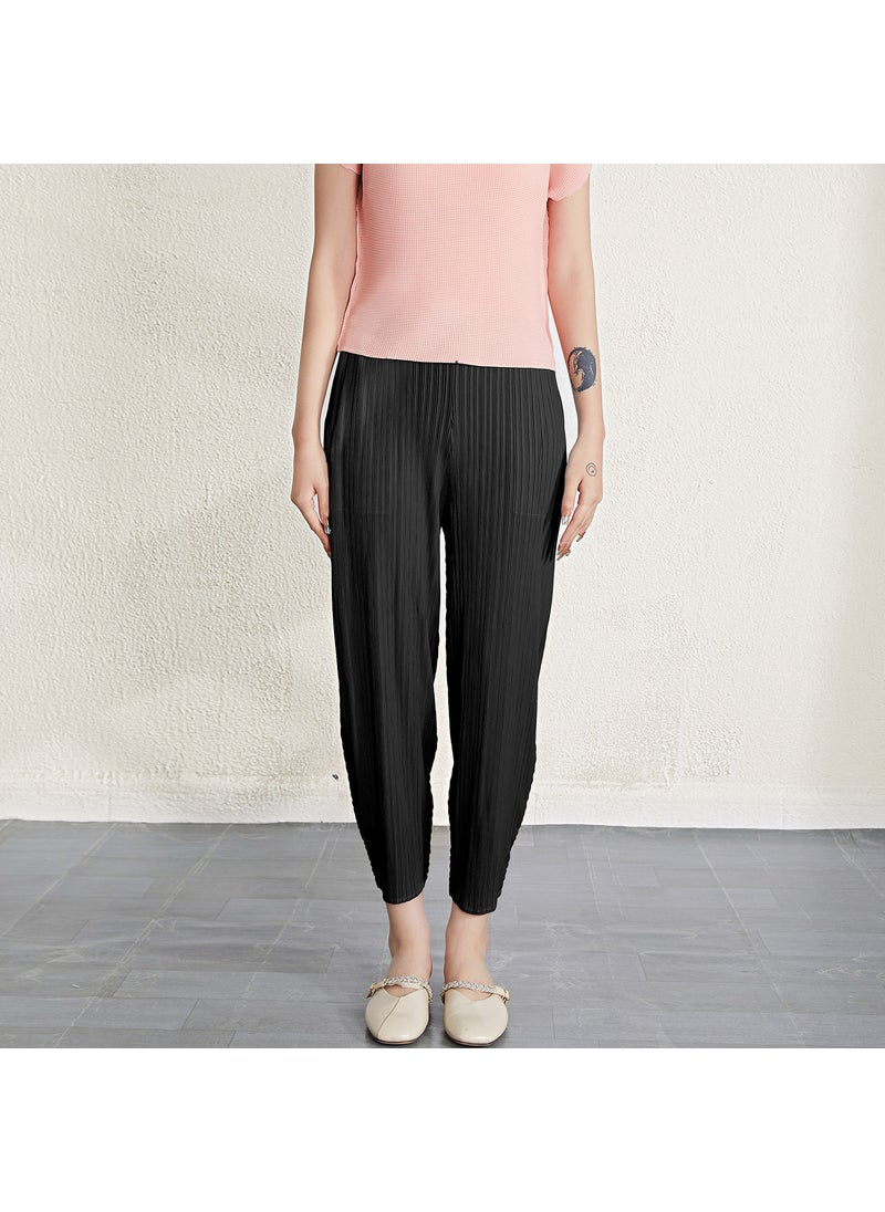 2023 Miyake Pleated Harem Pants Women Casual Fashion Slimming Black