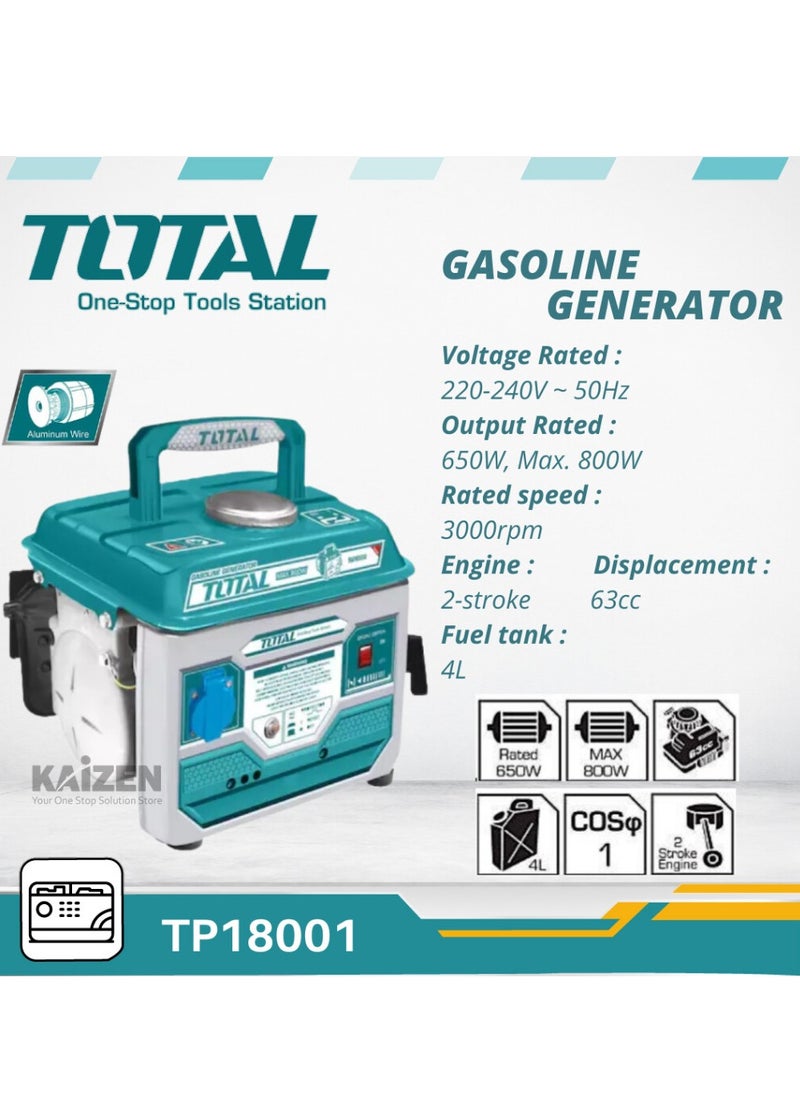 TOTAL Gasoline Generator 800W (TP18001) – Portable 2-Stroke Generator, 0.8kW Max Output, 4L Fuel Tank, Air-Cooled, Ideal for Outdoor Use, Camping, and Emergency Power