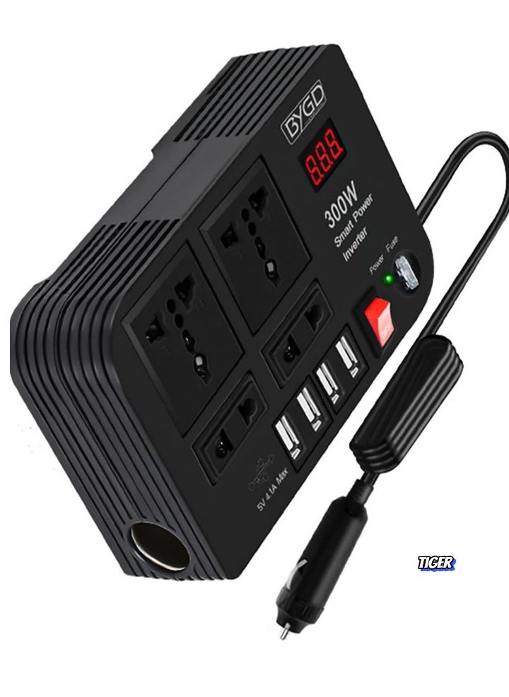 300W Car Inverter, 12V to 220V Power Converter with 4 USB Ports, Universal Socket, Notebook Charging, Car Cigarette Lighter Adapter – Ideal for Travel, Road Trips & On-the-Go Power