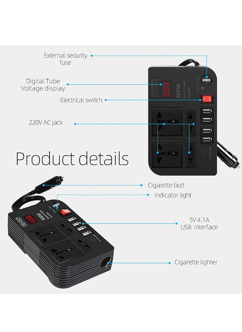 300W Car Inverter, 12V to 220V Power Converter with 4 USB Ports, Universal Socket, Notebook Charging, Car Cigarette Lighter Adapter – Ideal for Travel, Road Trips & On-the-Go Power