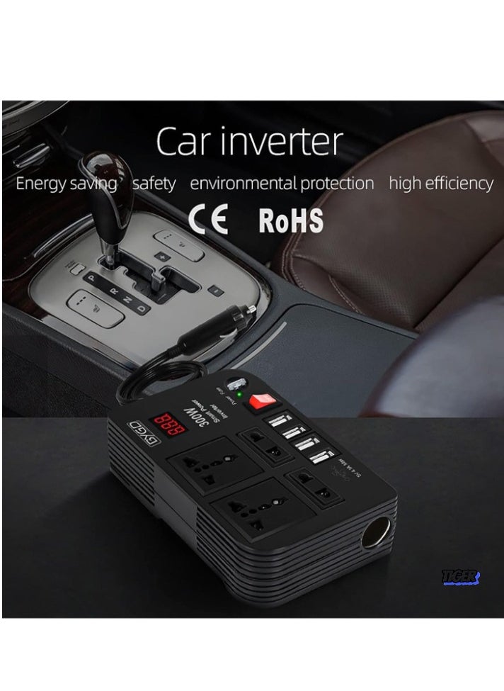 300W Car Inverter, 12V to 220V Power Converter with 4 USB Ports, Universal Socket, Notebook Charging, Car Cigarette Lighter Adapter – Ideal for Travel, Road Trips & On-the-Go Power