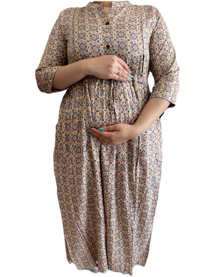 Zebees Floral Printed Maternity & Feeding Dress with Tie Belt, 3/4 Sleeves, Comfortable & Stylish