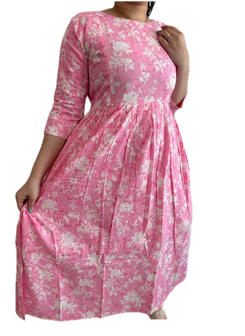 Zebees Women's Pink Floral Print Cotton Maternity & Feeding Dress, Comfortable & stylish