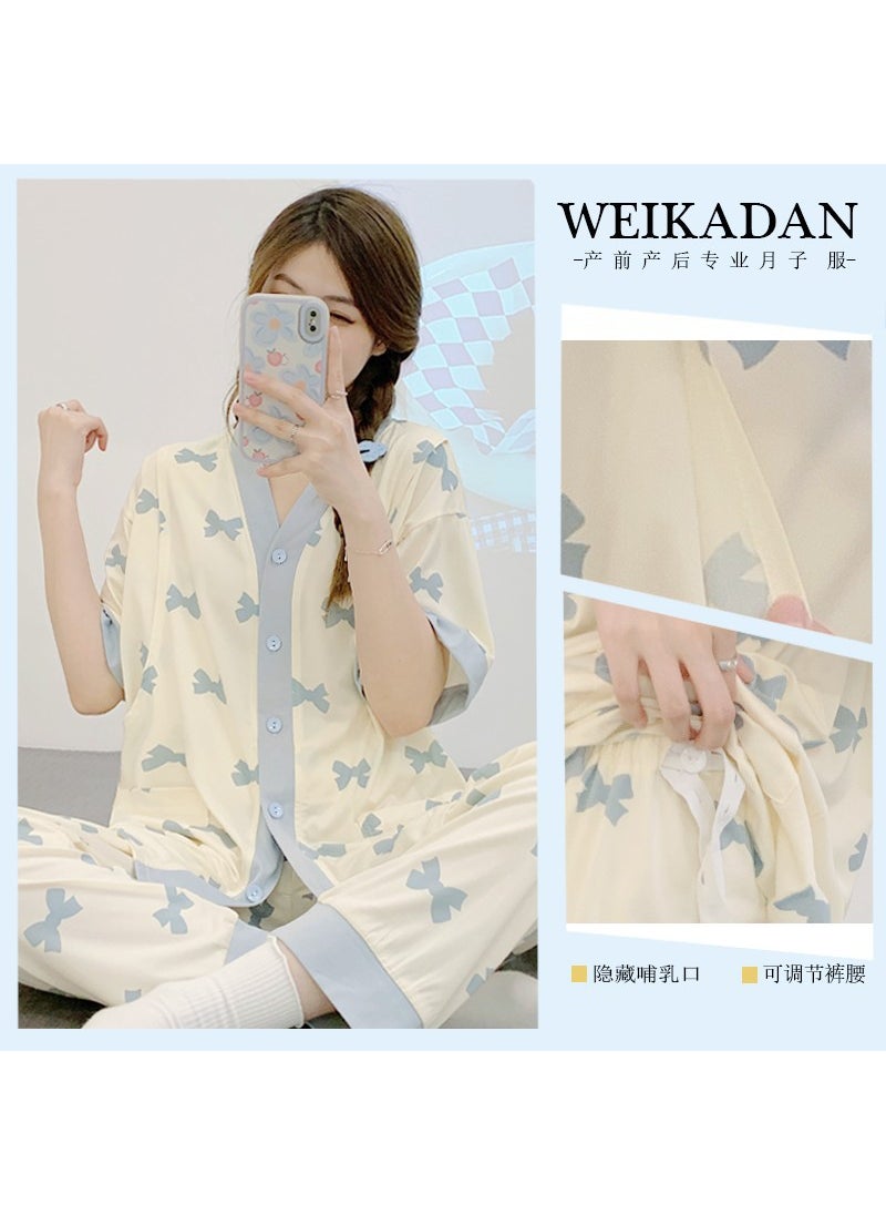 1 x 5 pcs Maternity Pajamas Summer Ice Silk Nursing Sleepwear Short Sleeve Set 54 Bow Princess [three-piece]]