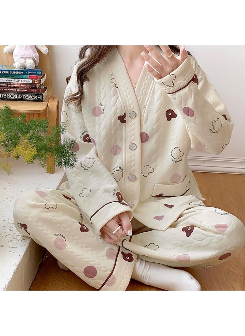 1 x 5 pcs Thick Cotton Maternity Nursing Pajamas for Autumn Winter 564 bear doll V-neck