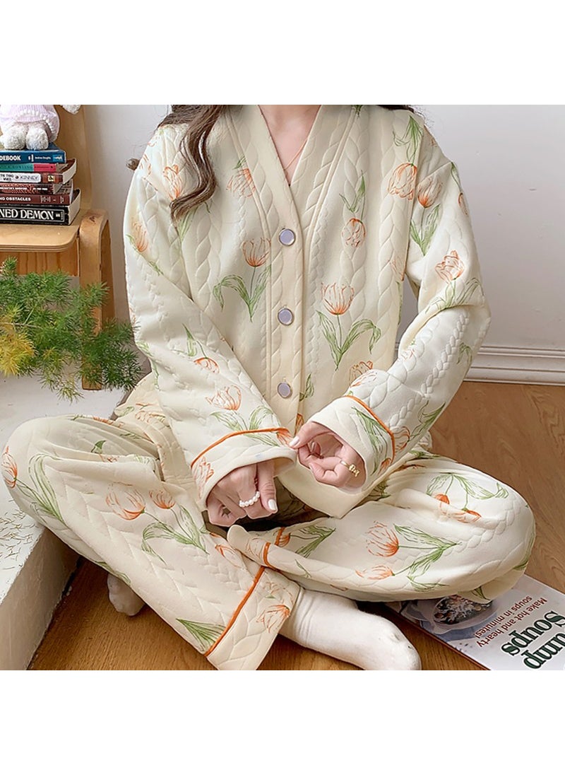 1 x 5 pcs Thick Cotton Maternity Nursing Pajamas for Autumn Winter 566 rose V-neck