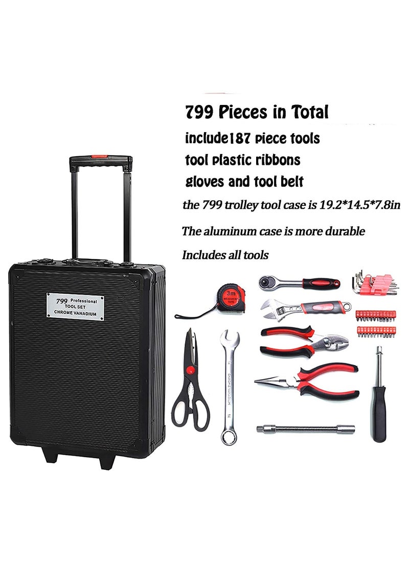 799pcs Aluminum Trolley Case Tool Set Silver, House Repair Kit Set, Household Hand Tool Set, with Tool Belt,Gift on Father's Day (Black)