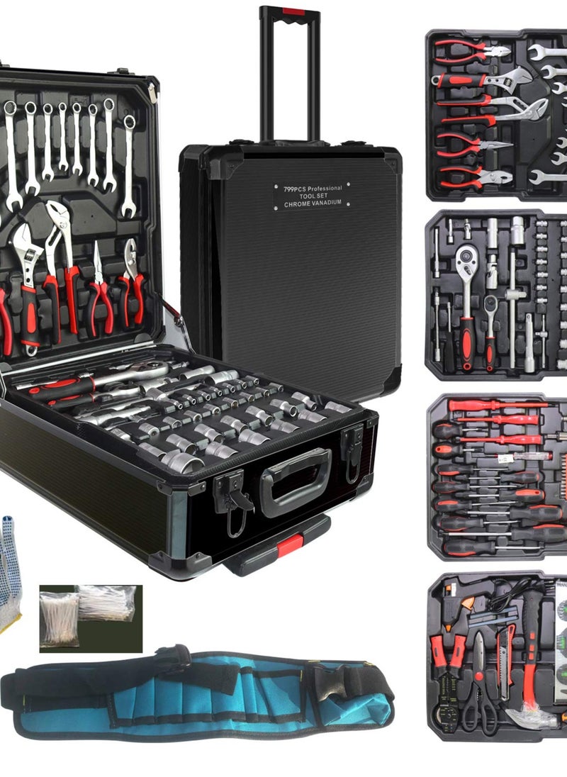 799pcs Aluminum Trolley Case Tool Set Silver, House Repair Kit Set, Household Hand Tool Set, with Tool Belt,Gift on Father's Day (Black)