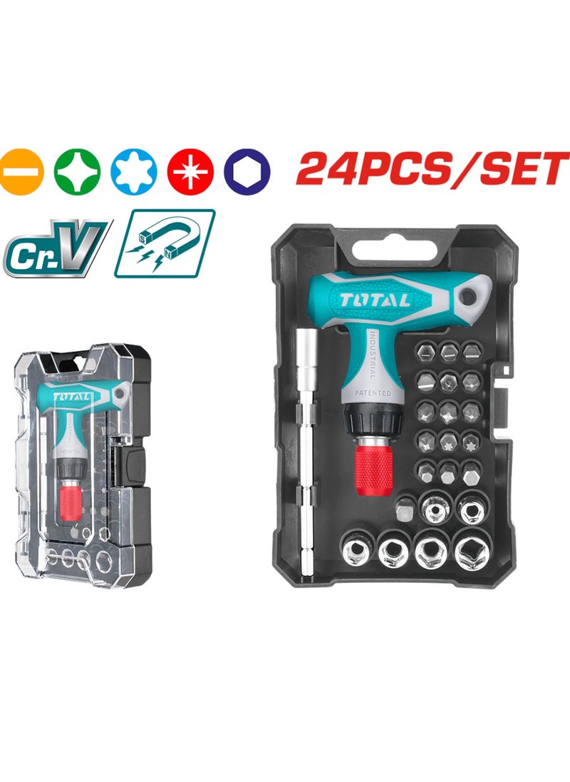 TOTAL 24PCS T-Handle Wrench Screwdriver Set – Includes CR-V Screwdriver Bits, Ratchet Wrench, Magnetic Bit Holder, Socket Set (5mm-10mm) – Ideal for DIY, Home Improvement & Professional Work – Plastic Box Packaging