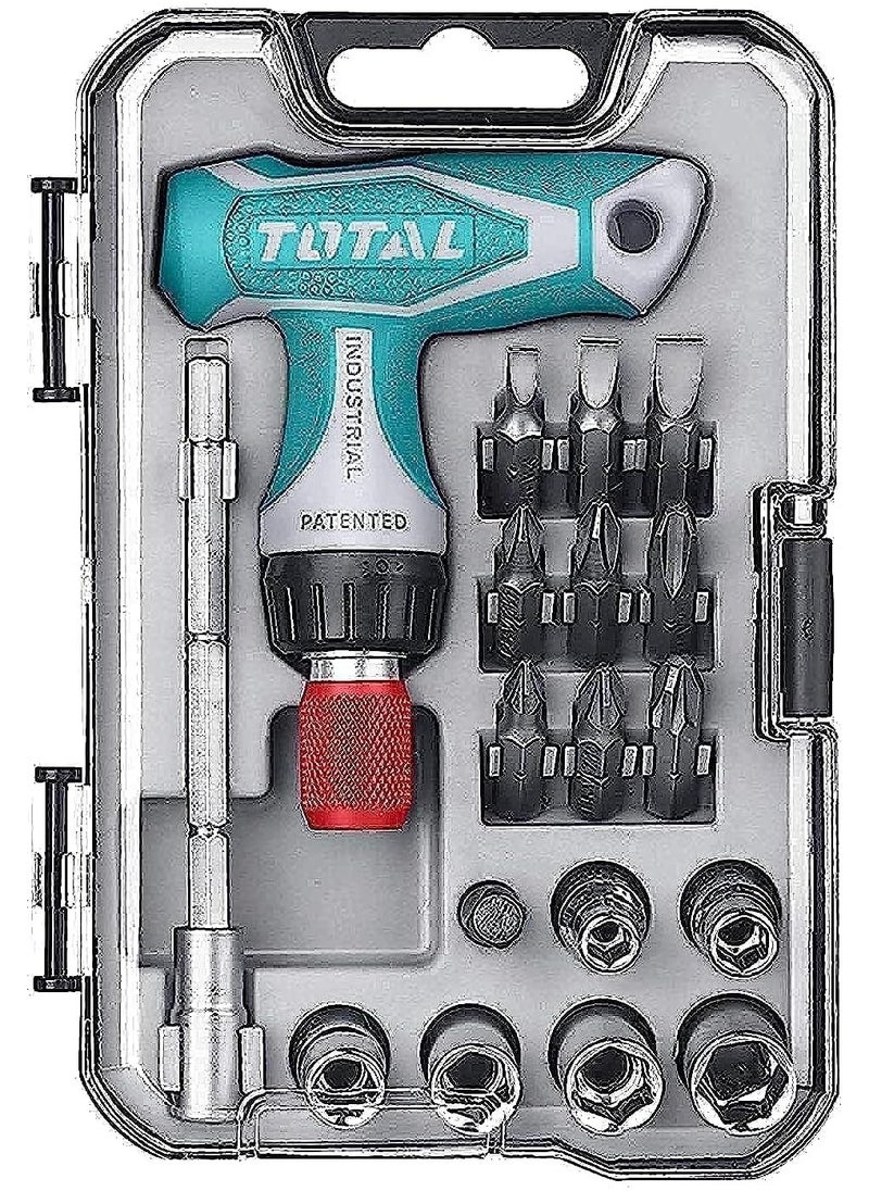 TOTAL 24PCS T-Handle Wrench Screwdriver Set – Includes CR-V Screwdriver Bits, Ratchet Wrench, Magnetic Bit Holder, Socket Set (5mm-10mm) – Ideal for DIY, Home Improvement & Professional Work – Plastic Box Packaging