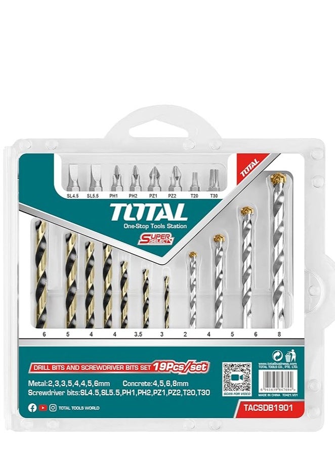 TOTAL 19PCS Drill Bits and Screwdriver Bits Set – HSS Twist Drill Bits, Masonry Drill Bits, 25mm Screwdriver Bits for Wood, Metal, and Concrete – Double Blister Packaging