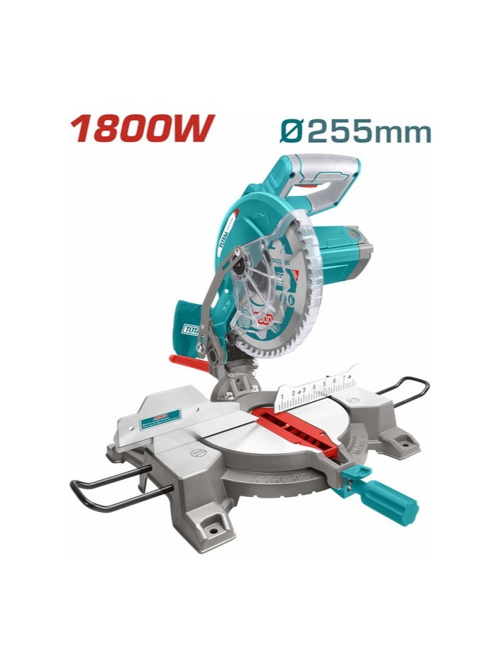 TOTAL Mitre Saw 1800W (TS42152557) – Powerful 255mm Blade, 0-45° Left and Right Mitre Cuts, 45° Bevel Cuts, with Dust Bag and Extension Bars for Precision Wood Cutting