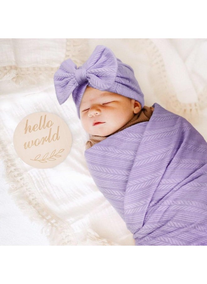 Bqubo Baby Swaddle Blankets For Girls, 4Pcs Newborn Accessories Set With Matching Hat And Bow Headband With Hello World Wooden Birth Announcement Card, Baby Blankets For Girls (Purple)