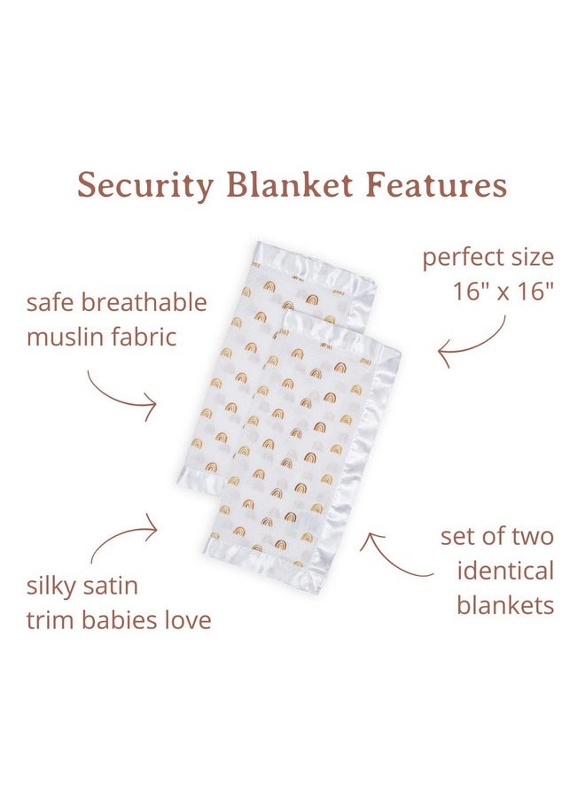 Security Lovey Blankets| Unisex Softest Breathable Cotton Muslin Security Blanket Set With Silky Satin Trim| Neutral Comforting Blanket For Girls & Boys| 16In X 16 In| Rainbows