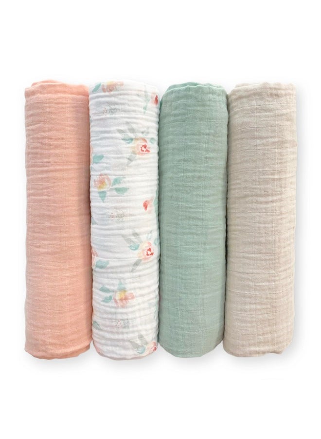 Cotton Muslin Swaddle Blankets For Baby Girl, Set Of 4, Receiving Blankets For Newborn, Baby Registry & Gift, 46X46 Inches, Watercolor Peachy Pink Floral