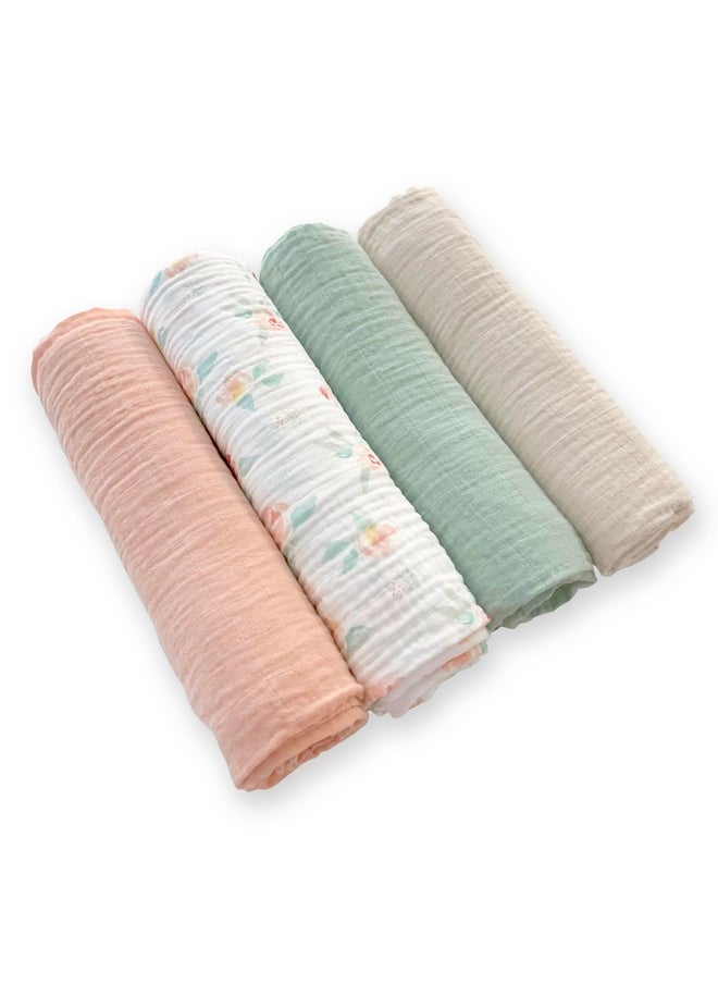 Cotton Muslin Swaddle Blankets For Baby Girl, Set Of 4, Receiving Blankets For Newborn, Baby Registry & Gift, 46X46 Inches, Watercolor Peachy Pink Floral