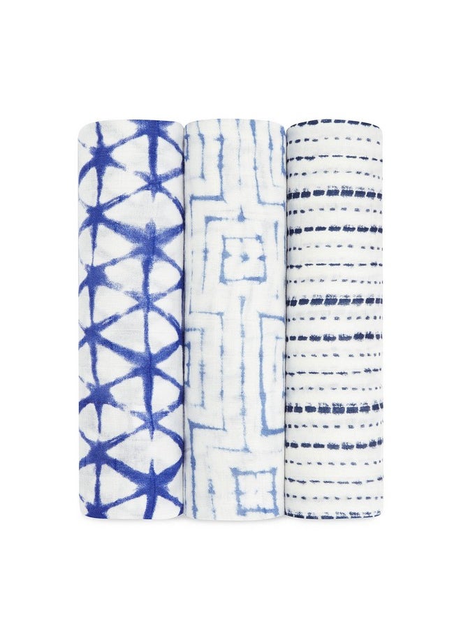 Silky Soft Swaddle Blanket,100% Bamboo Viscose Muslin Blankets For Girls & Boys, Baby Receiving Swaddles, Ideal Newborn & Infant Swaddling Set, 3 Pack, Indigo Shibori