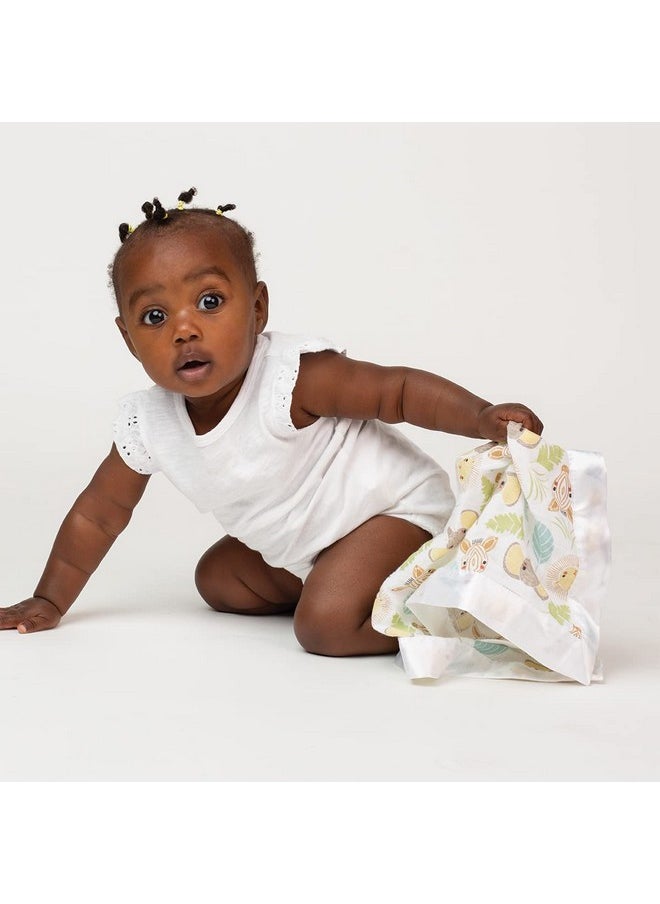 Baby Security Lovey Blankets| Unisex Softest Breathable Cotton Muslin Security Blanket With Silky Satin Trim| Neutral Comforting Blanket For Girls & Boys | 16In By 16 In| Jungle Safari