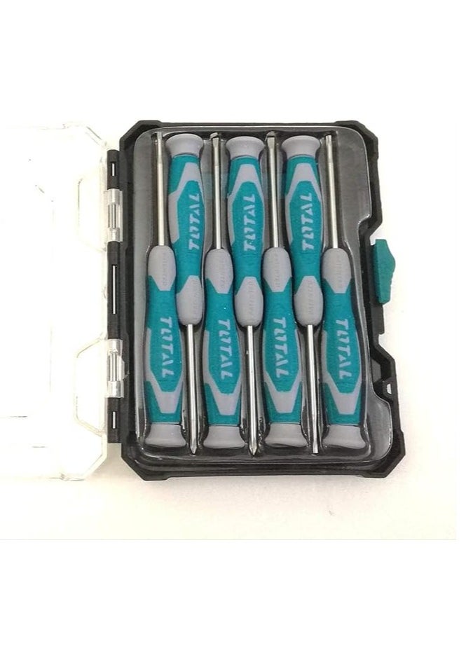 TOTAL 7PCS Precision Screwdriver Set – CR-V Steel, Ergonomic Comfort Grip, Includes SL, PH, T6 & T8 Tips for Electronics, Watches, and Small Appliances – Plastic Box Packaging