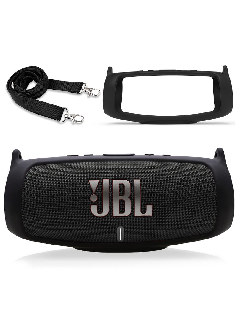 Silicone Case Cover for JBL Charge 5 Speaker Travel Protective Carrying Gel Soft Skin Waterproof Rubber Pouch with Shoulder Strap(Black)