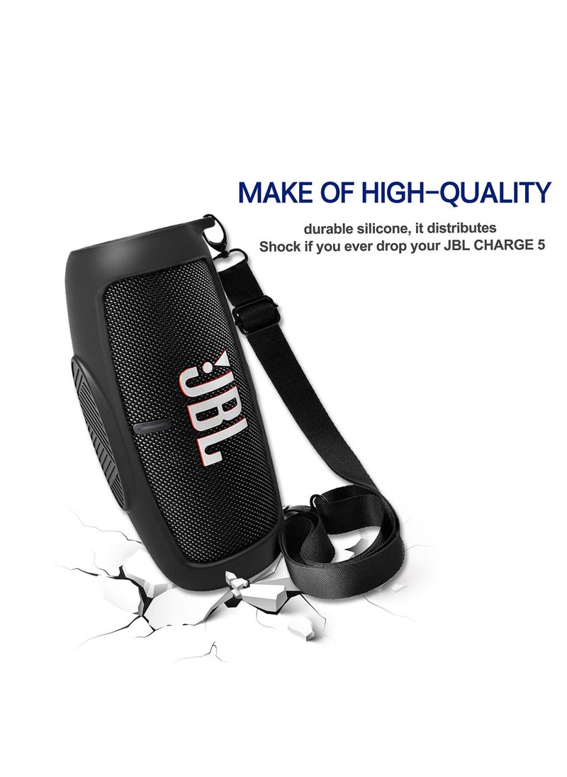 Silicone Case Cover for JBL Charge 5 Speaker Travel Protective Carrying Gel Soft Skin Waterproof Rubber Pouch with Shoulder Strap(Black)