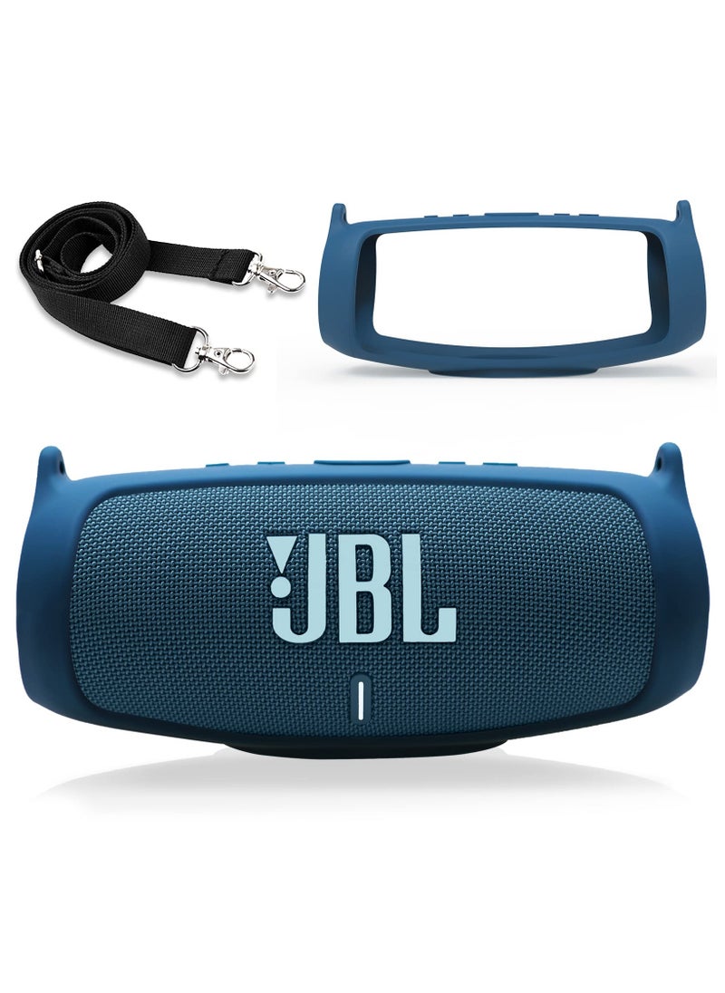 Silicone Case Cover for JBL Charge 5 Speaker Travel Protective Carrying Gel Soft Skin Waterproof Rubber Pouch with Shoulder Strap(Blue)