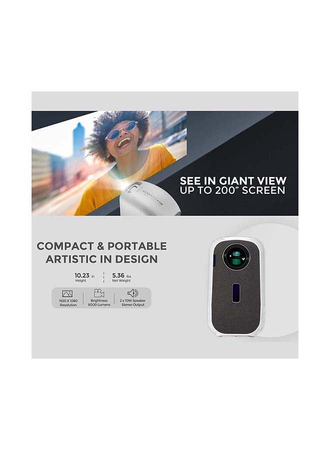Portable Projector 1080P 4K, 8000 Lumens for Gaming, Office, Outdoor, Home Theater Projector PROJ-WO-44-W White