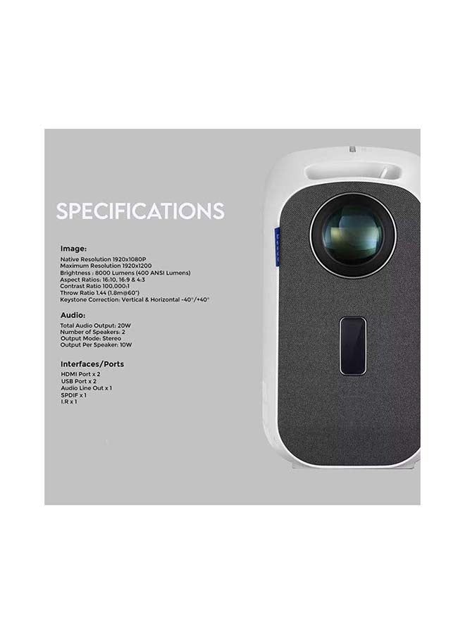 Portable Projector 1080P 4K, 8000 Lumens for Gaming, Office, Outdoor, Home Theater Projector PROJ-WO-44-W White