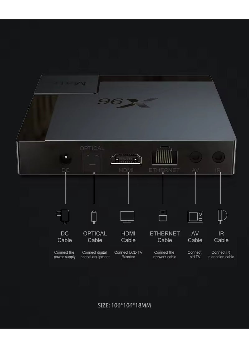 X96 Mate Smart TV Box | 4GB RAM + 64GB ROM | Android 10.0 TV Box | Allwinner H616 Quad-Core ARM Cortex A53 CPU | Dual WiFi 2.4G/5G | 4K UHD 3D Media Player | H.265 Ethernet 10/100M Set Top Box