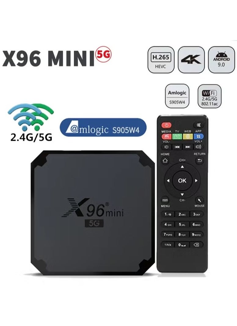 X96 Mini 5G Android TV Box | 2GB RAM + 16GB ROM | Android 9.0 | Amlogic S905W4 Quad-Core | Dual WiFi 2.4G/5G | 4K Media Player | H.265 10bit | USB 2.0 | Smart TV Box