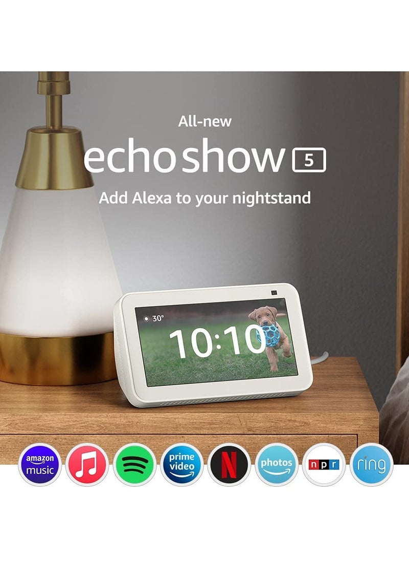 Echo Show 5 (2rd Gen, 2021 release)  Smart display & alarm clock with clearer sound  Use your voice to control smart home devices, play music or the Quran, & more (speaks Khaleeji)  White