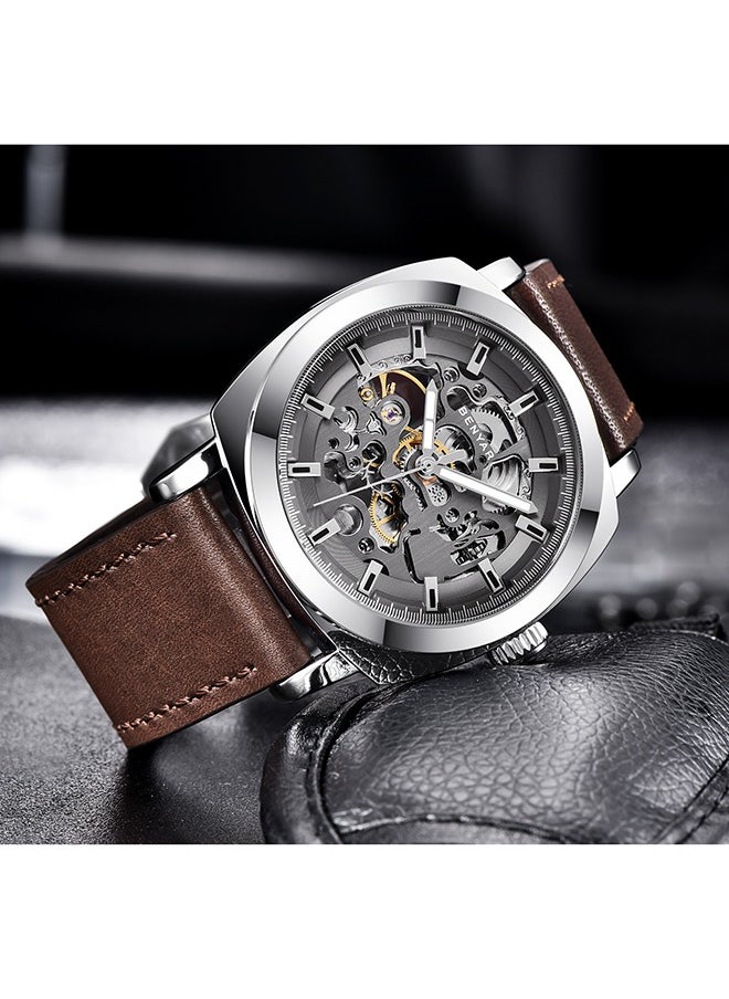 Automatic Mechanical Watches For Men Skeleton Coffee Leather Watch Waterproof Business Men's Wrist Watches