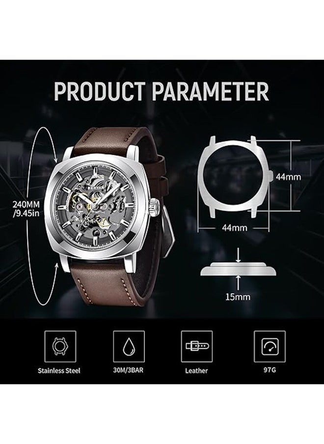Automatic Mechanical Watches For Men Skeleton Coffee Leather Watch Waterproof Business Men's Wrist Watches