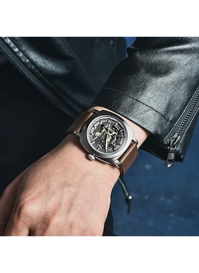 Automatic Mechanical Watches For Men Skeleton Coffee Leather Watch Waterproof Business Men's Wrist Watches