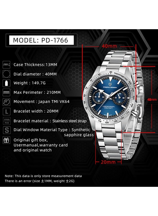 Fashion Men's Chronograph Watches Japanese VK64 Quartz Movement Full Stainless Steel 100M Waterproof Wide Arrow Hands Luminous Retro Sport Analog Wistwatches,Blue