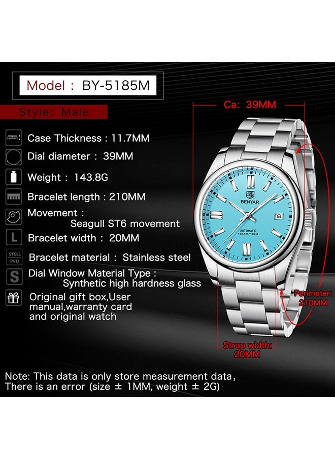 Men's Automatic Watch Stainless Steel Strap Waterproof Luminous Casual Business Sport Analogue Self-Winding Wristwatch Date,Blue