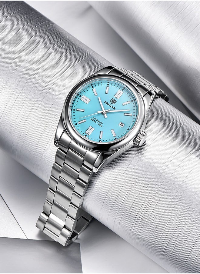 Men's Automatic Watch Stainless Steel Strap Waterproof Luminous Casual Business Sport Analogue Self-Winding Wristwatch Date,Blue