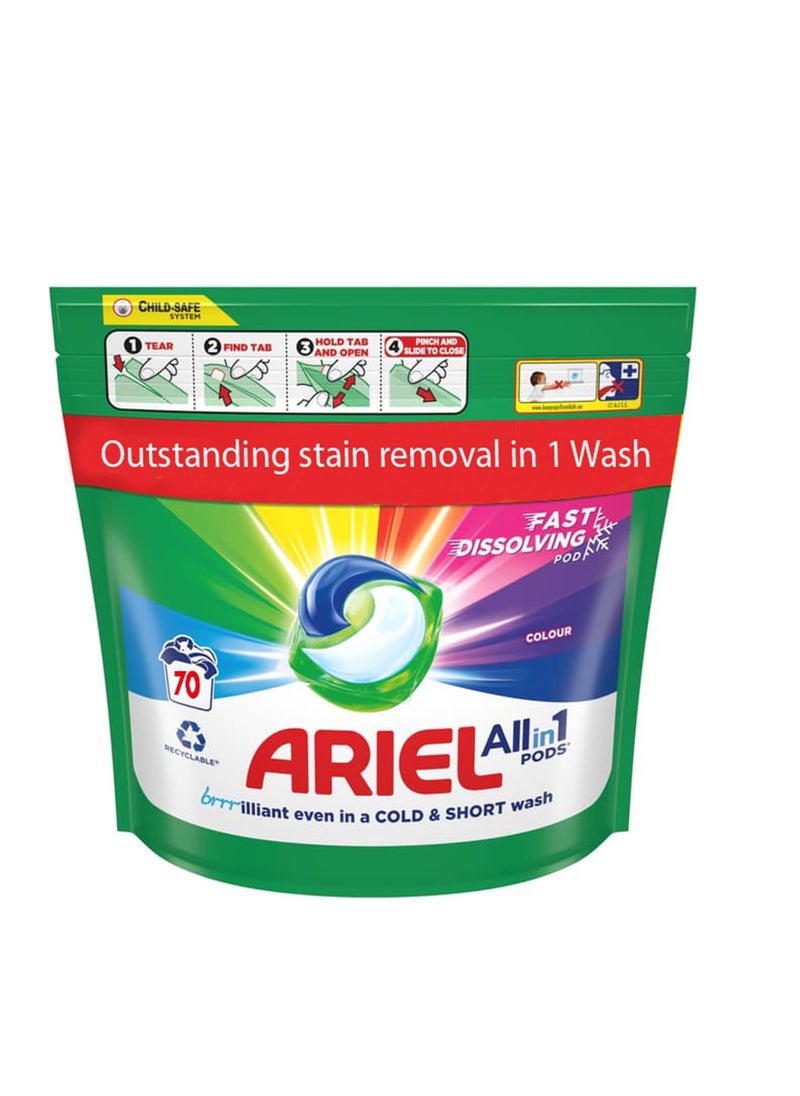 70 All In One Colour Pods  Fast Dissolving Pods - Outstanding Stain Removal In 1 Wash Tough of Stains, Soft on Skin