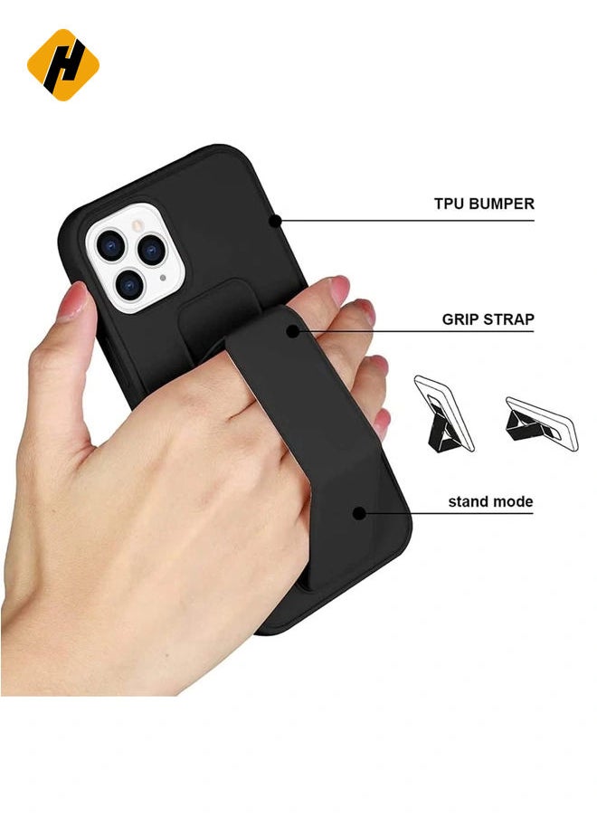 iPhone 16 Pro Black Magnetic Car Mount Kickstand Case – Premium Silicone Multi-Stand with Hand Strap Grip