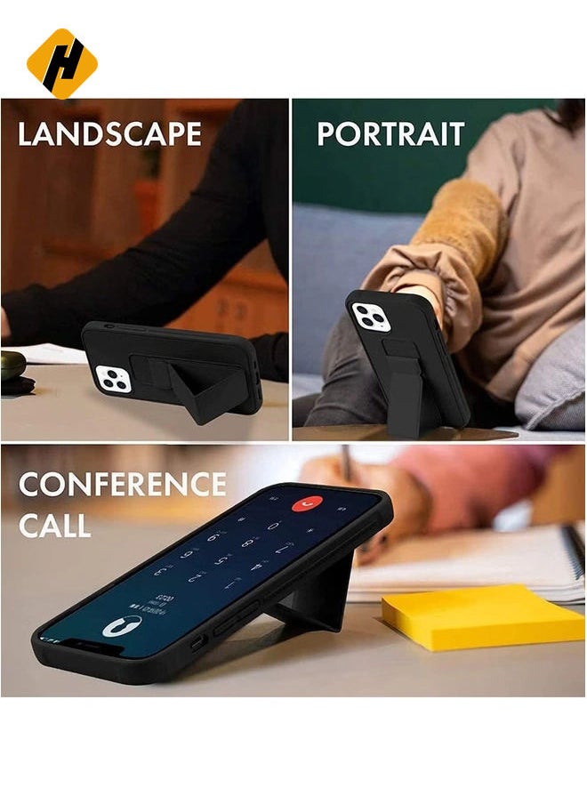 iPhone 16 Pro Black Magnetic Car Mount Kickstand Case – Premium Silicone Multi-Stand with Hand Strap Grip