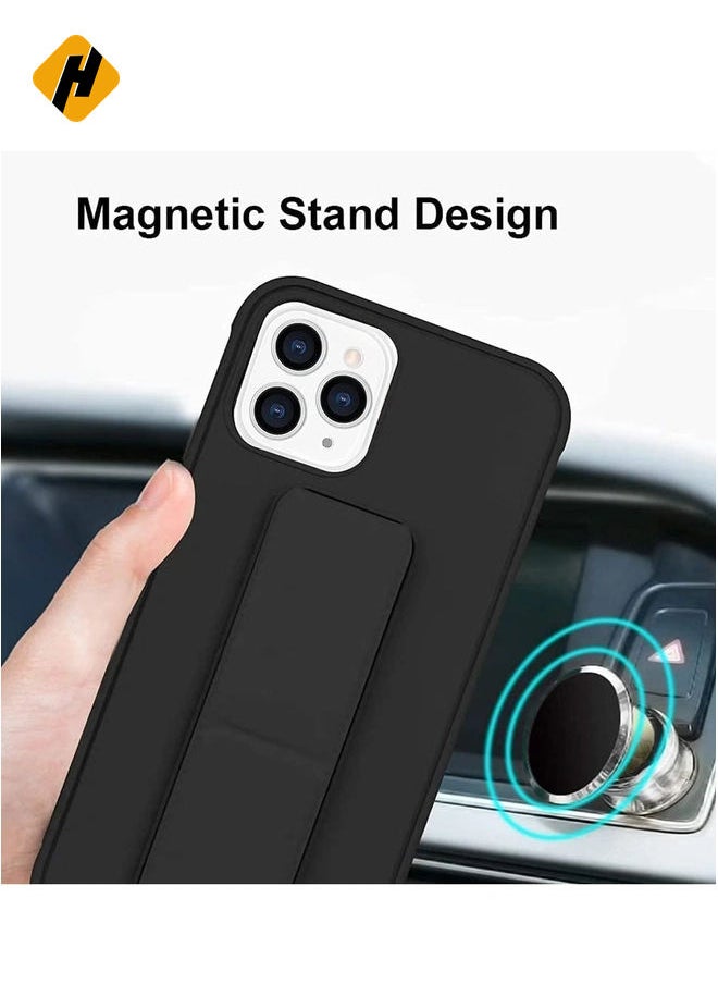 iPhone 16 Pro Black Magnetic Car Mount Kickstand Case – Premium Silicone Multi-Stand with Hand Strap Grip